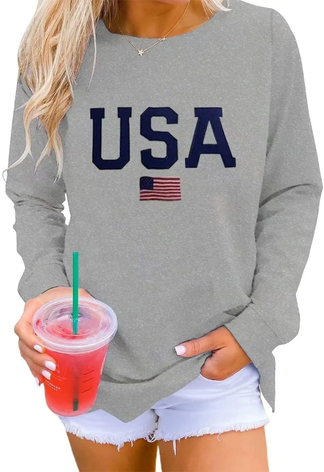 Womens Crewneck Sweatshirt Graphic American Flag Shirts Long Sleeve Oversized Pullover Patriotic Shirts Tops Tees