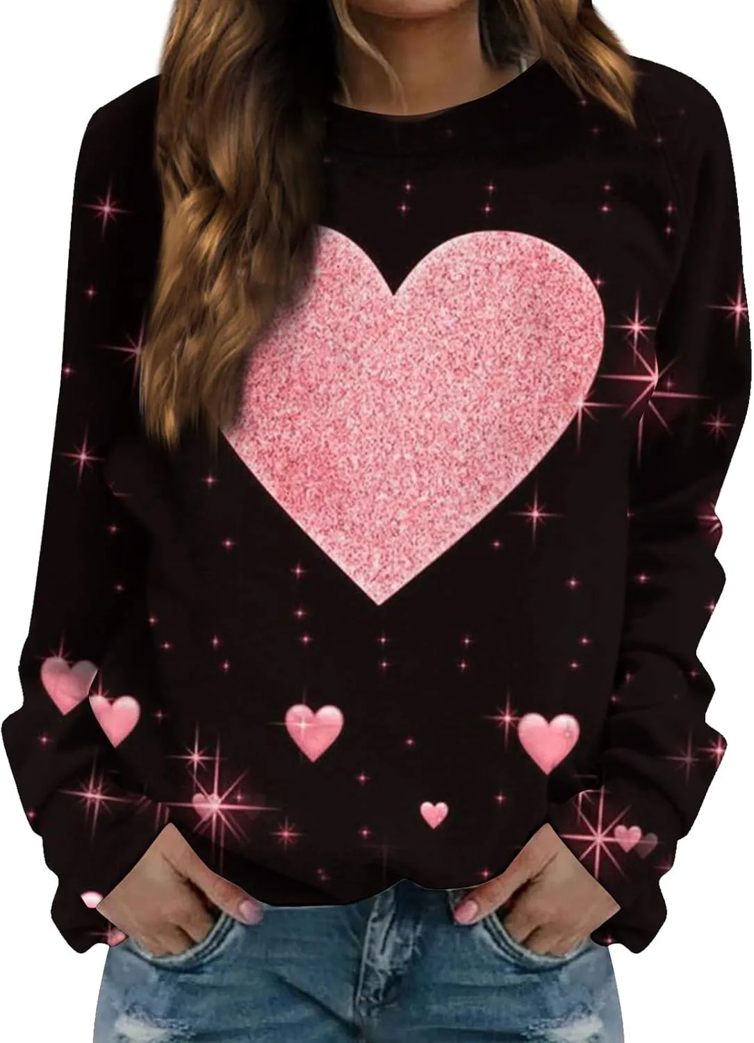 Women's Crewneck Sweatshirt Long Sleeve Casual Loose Trendy Vintage Cute Flower Heart Graphic Pullover Tops