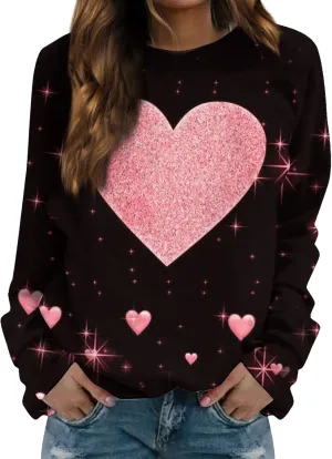 Women's Crewneck Sweatshirt Long Sleeve Casual Loose Trendy Vintage Cute Flower Heart Graphic Pullover Tops