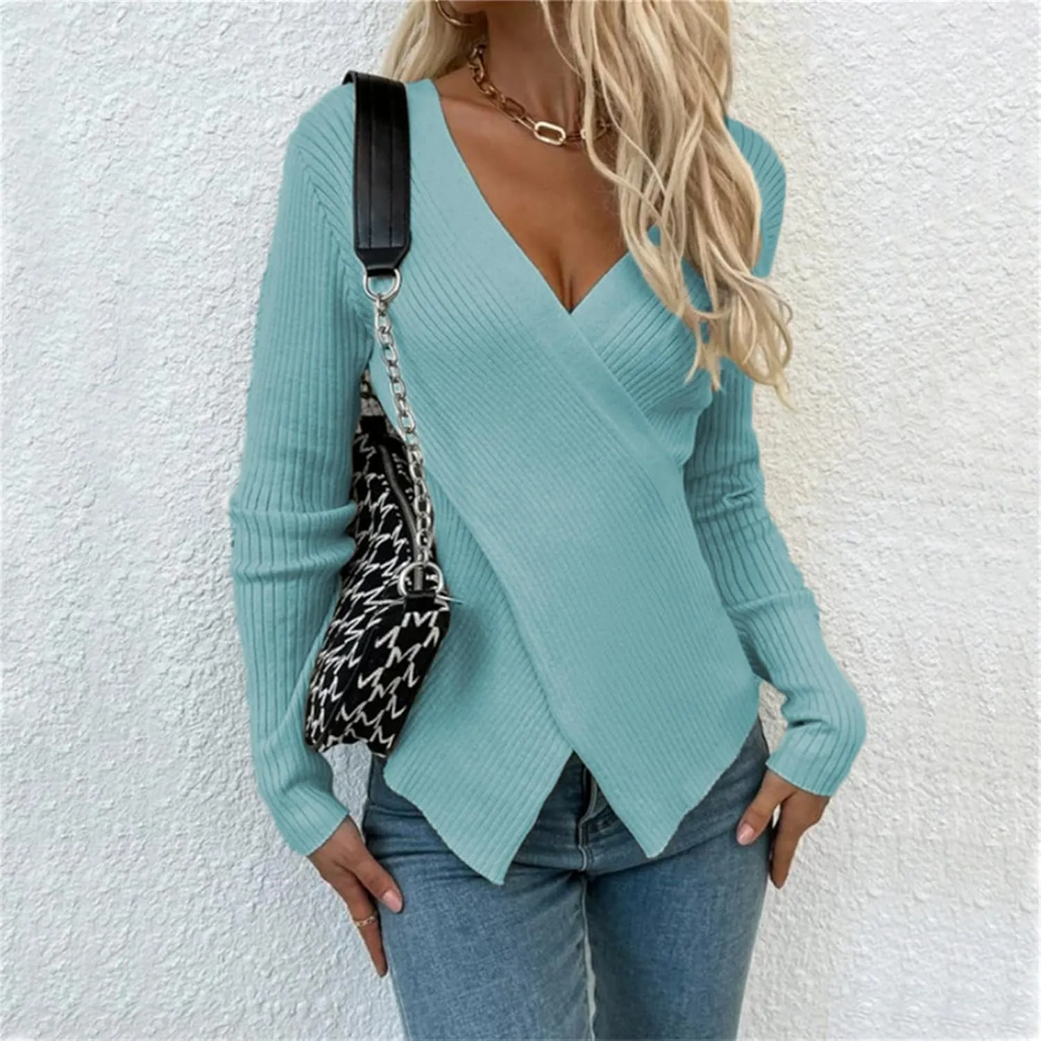Women's Criss Cross Deep V Neck Long Sleeve Sweaters Pullover Knitted Sweater Casual Sexy Slim Slit Hem Jumper Tops