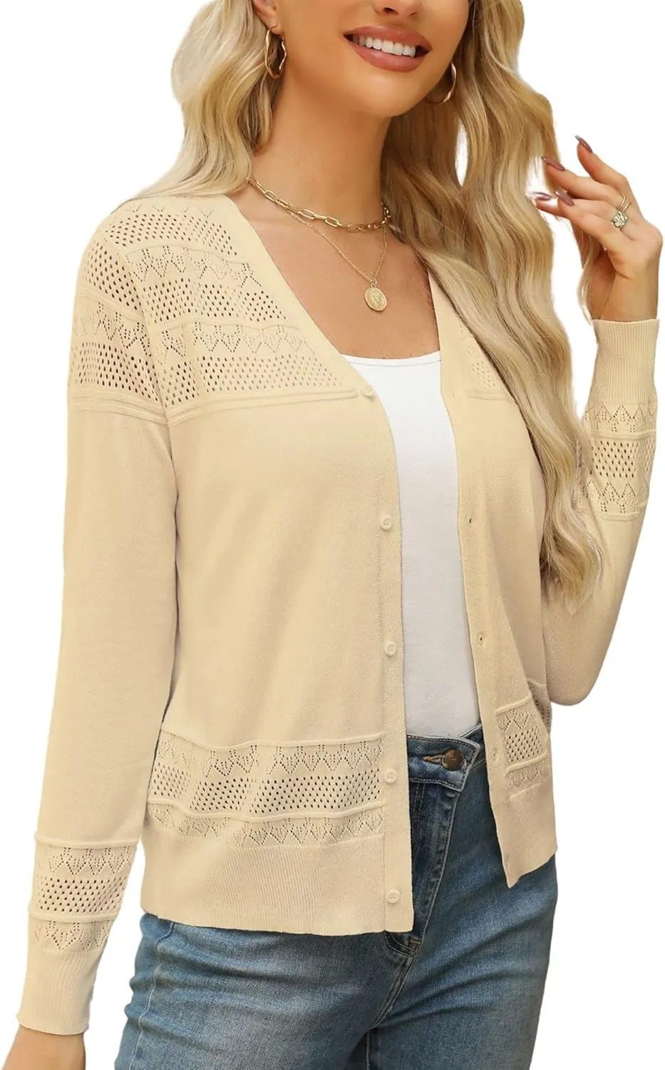 Women's Cropped Cardigan Sweaters Long Sleeve V-Neck Button Down Lightweight Sweaters