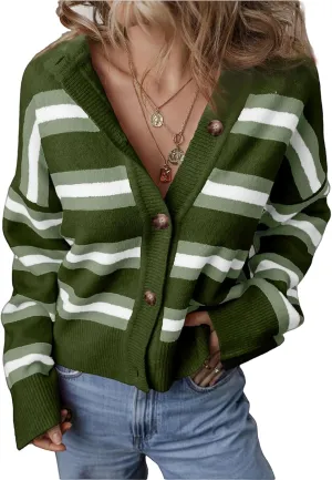 Womens Cropped Striped Cardigan Trendy Knit Color Block Long Sleeve Sweater Lightweight Open Front Button Coat Tops
