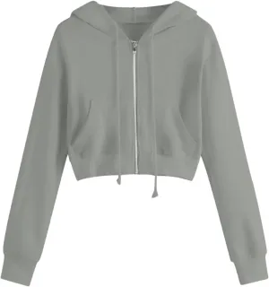 Womens Cropped Zip Up Hoodies Long Sleeve Sweatshirt Jacket with Hood Trendy Y2K Crop Tops Teen Girls Clothes 2024