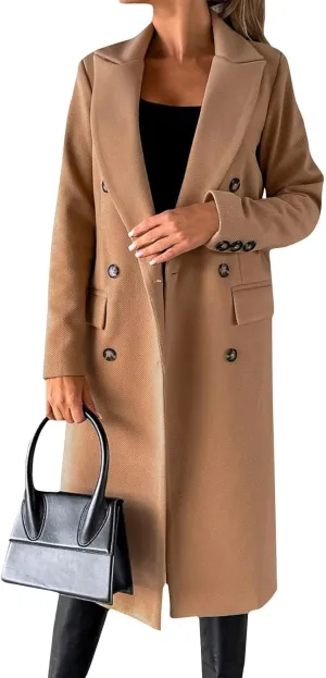 Womens Double Breasted Long Wool Coats Casual Notch Lapel Pea Coat Winter Wool Blend Peacoat Blazer Jackets Outwear