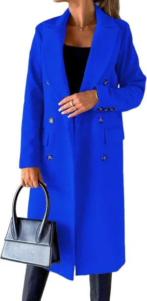 Womens Double Breasted Long Wool Coats Casual Notch Lapel Pea Coat Winter Wool Blend Peacoat Blazer Jackets Outwear