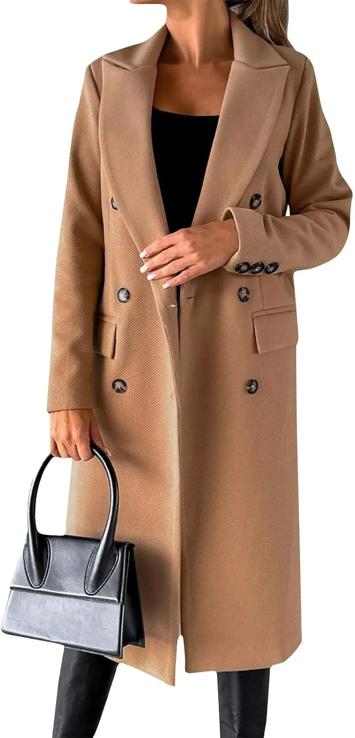 Womens Double Breasted Long Wool Coats Casual Notch Lapel Pea Coat Winter Wool Blend Peacoat Blazer Jackets Outwear
