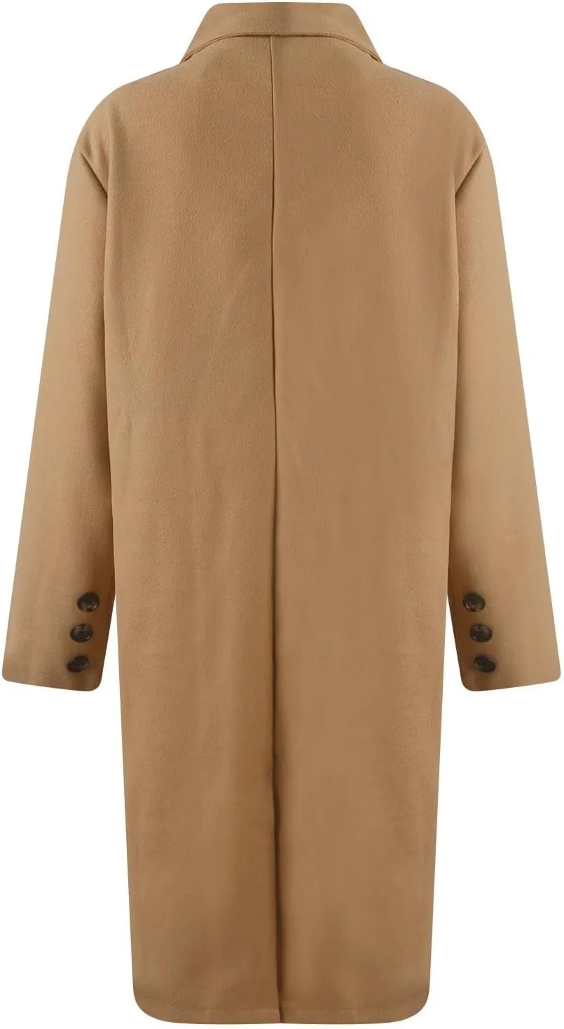 Womens Double Breasted Long Wool Coats Casual Notch Lapel Pea Coat Winter Wool Blend Peacoat Blazer Jackets Outwear