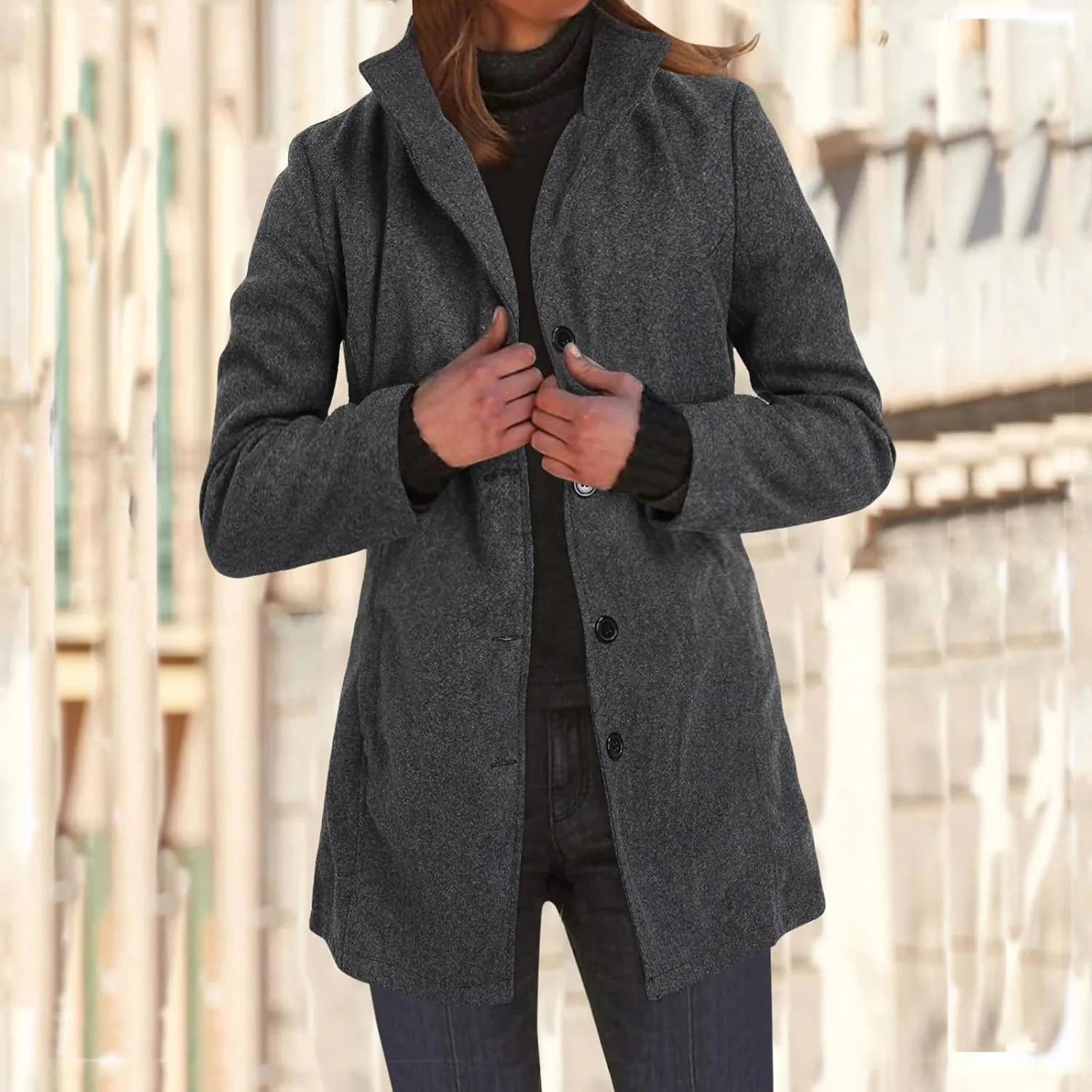 Women's Elegant Blazers Single Breasted Coat 2024 Winter Mid Woolen Overcoat Work Office Pea Jackets Overcoats