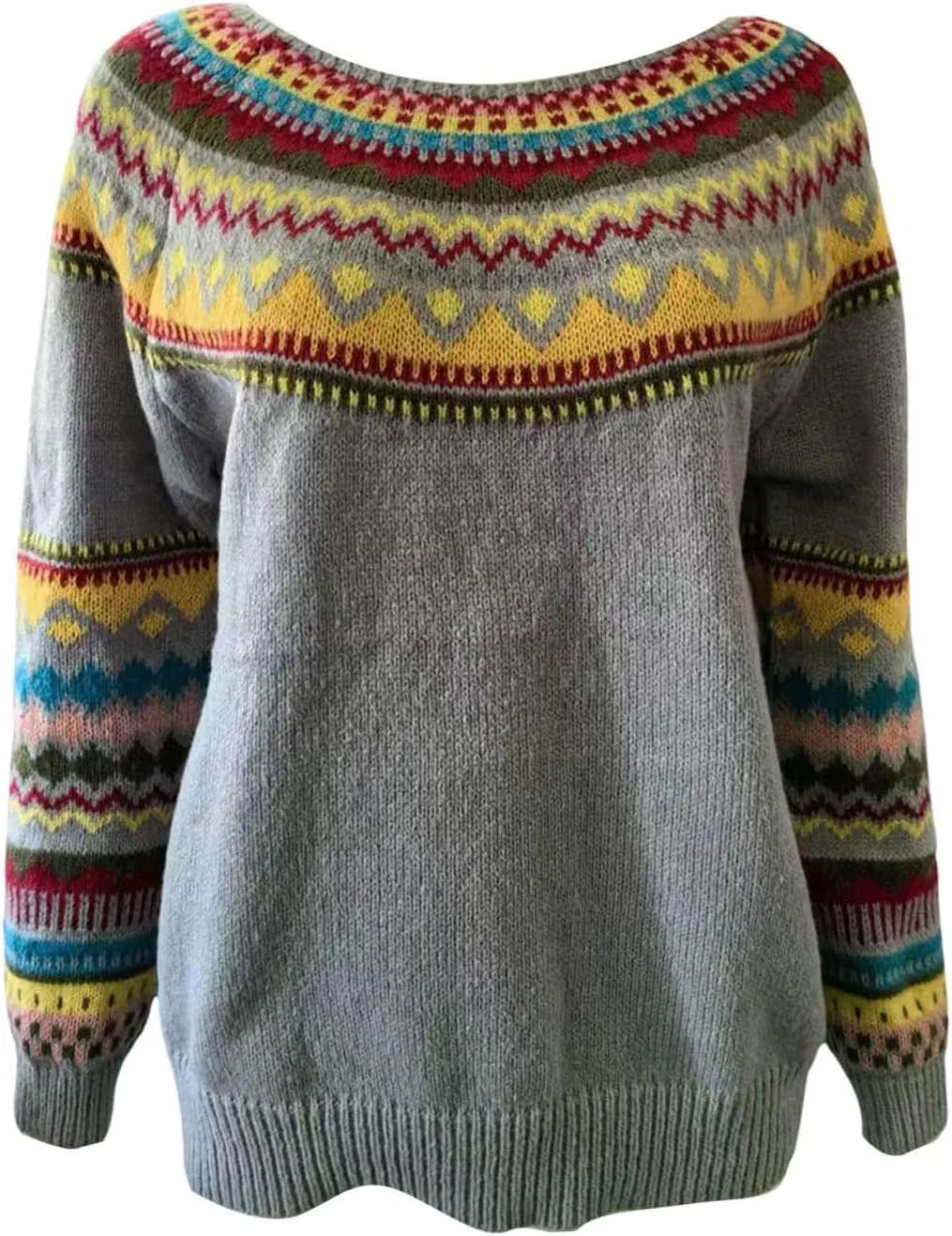 Women's Fair Isle Crew Neck Sweater Vintage Fair Isle Print Pullover Sweaters Long Sleeve Knit Loose Jumper Tops