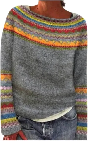 Women's Fair Isle Crew Neck Sweater Vintage Fair Isle Print Pullover Sweaters Long Sleeve Knit Loose Jumper Tops