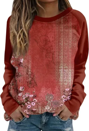 Womens Fall Fashion 2024 Long Sleeve Floral Print Cute Sweatshirts Crewneck Basics Plus Size Clothes Clothing