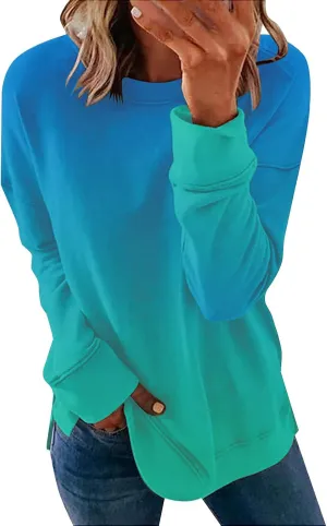 Womens Fall Fashion Sweatshirt Long Sleeve Crewneck Graphic Pullover Trendy Gradient Color Tops Comfort Winter Clothes