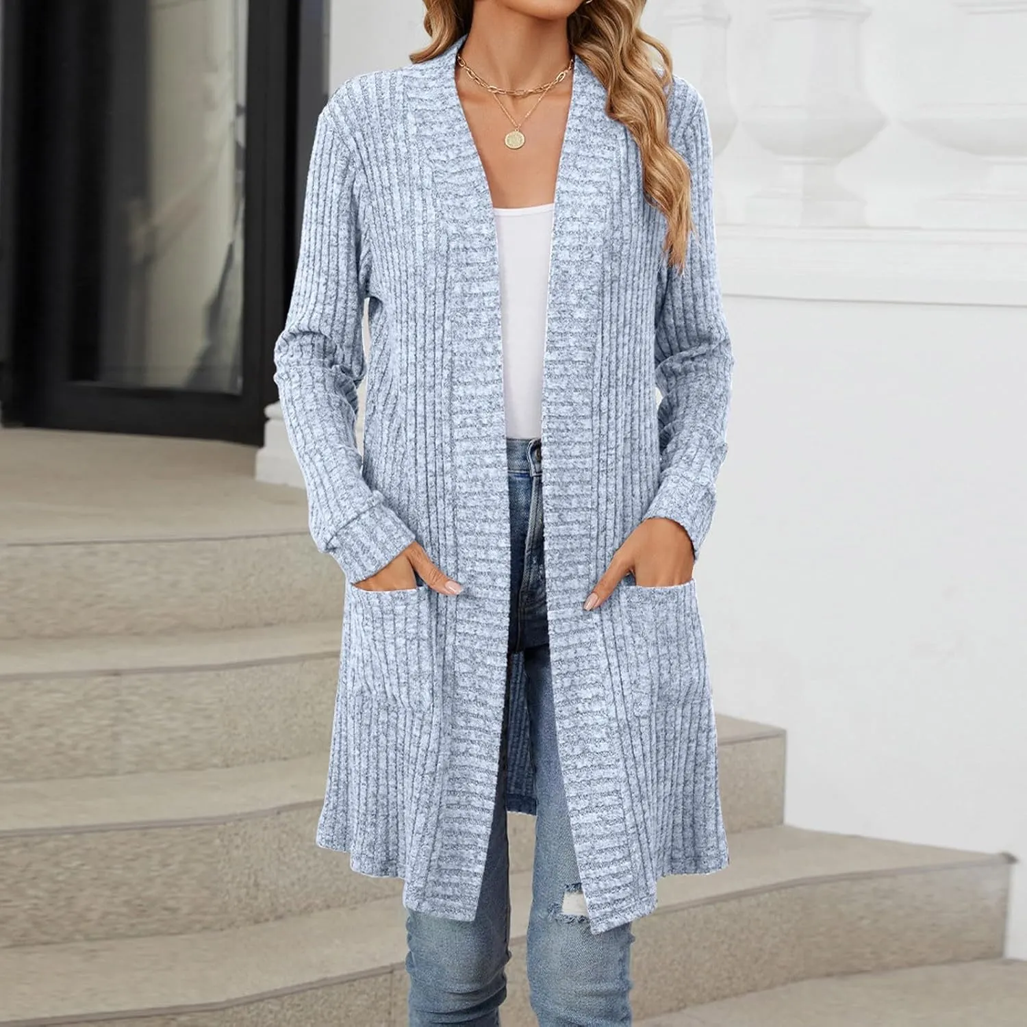 Womens Fall Long Cardigan Lightweight Soft Ribbed Knit Open Front Cardigan Sweaters Long Sleeve Coat Outwear