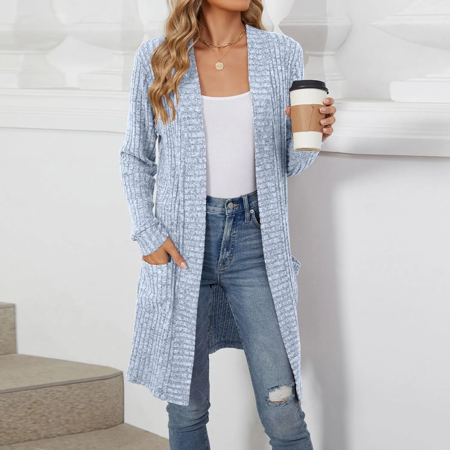 Womens Fall Long Cardigan Lightweight Soft Ribbed Knit Open Front Cardigan Sweaters Long Sleeve Coat Outwear