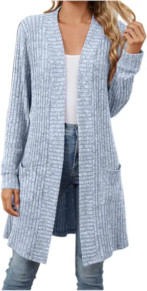 Womens Fall Long Cardigan Lightweight Soft Ribbed Knit Open Front Cardigan Sweaters Long Sleeve Coat Outwear