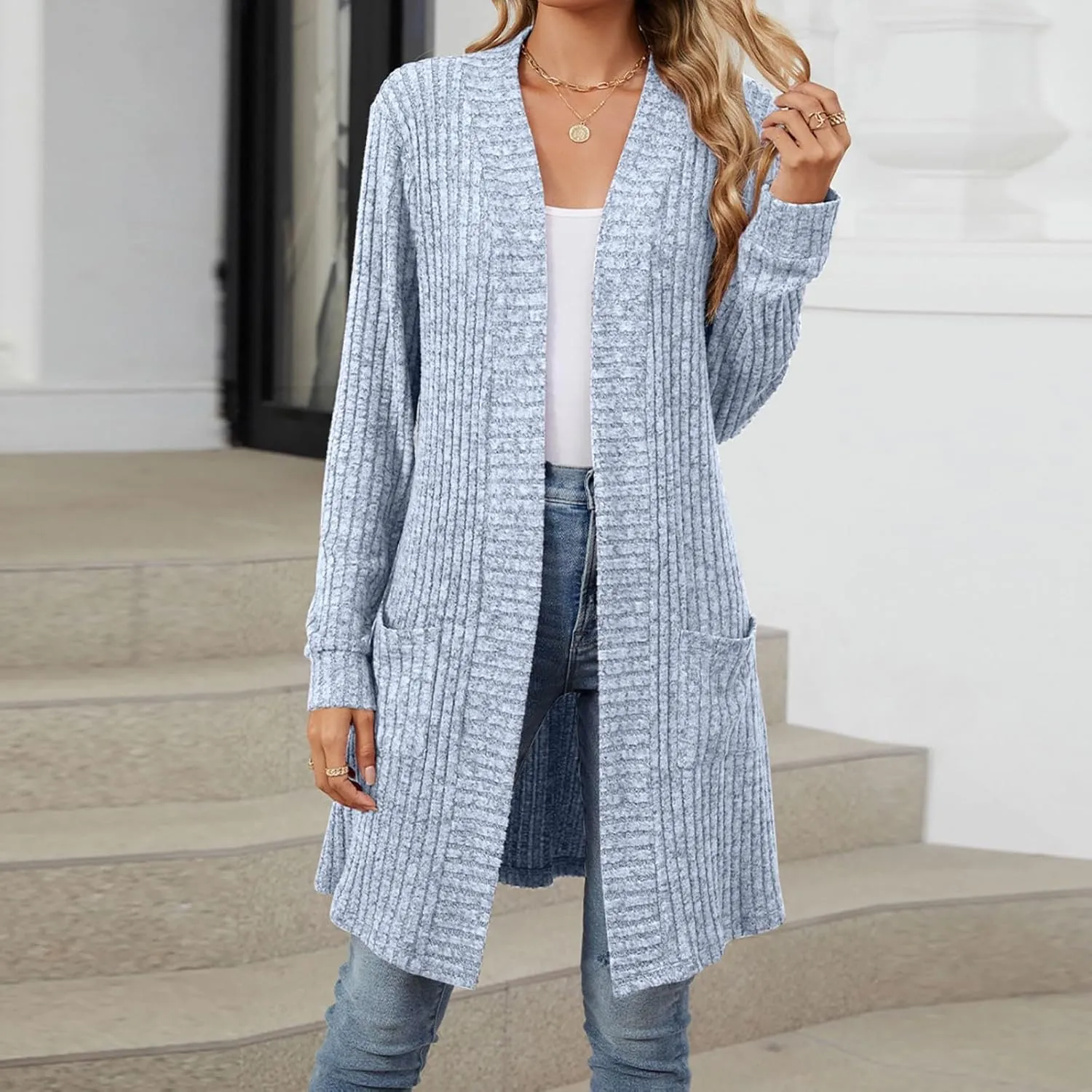Womens Fall Long Cardigan Lightweight Soft Ribbed Knit Open Front Cardigan Sweaters Long Sleeve Coat Outwear