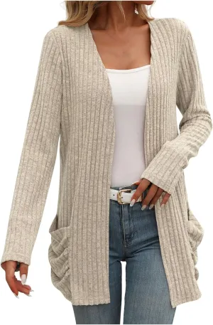 Womens Fall Open Front Cardigan Lightweight Soft Ribbed Knit Cardigan Sweaters Long Sleeve Coat Outwear with Pockets
