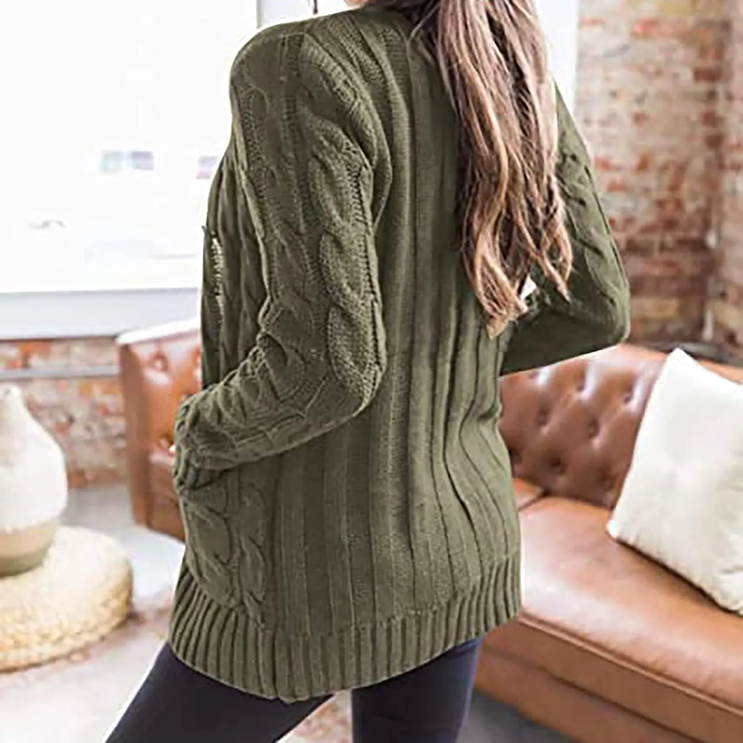 Womens Fall Sweater Open Front Cardigan Sweaters Button Long Sleeve Coats Outerwear Fashion Cable Knit Chunky Outwear
