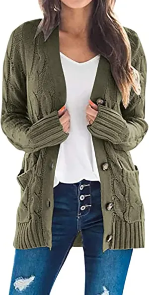 Womens Fall Sweater Open Front Cardigan Sweaters Button Long Sleeve Coats Outerwear Fashion Cable Knit Chunky Outwear