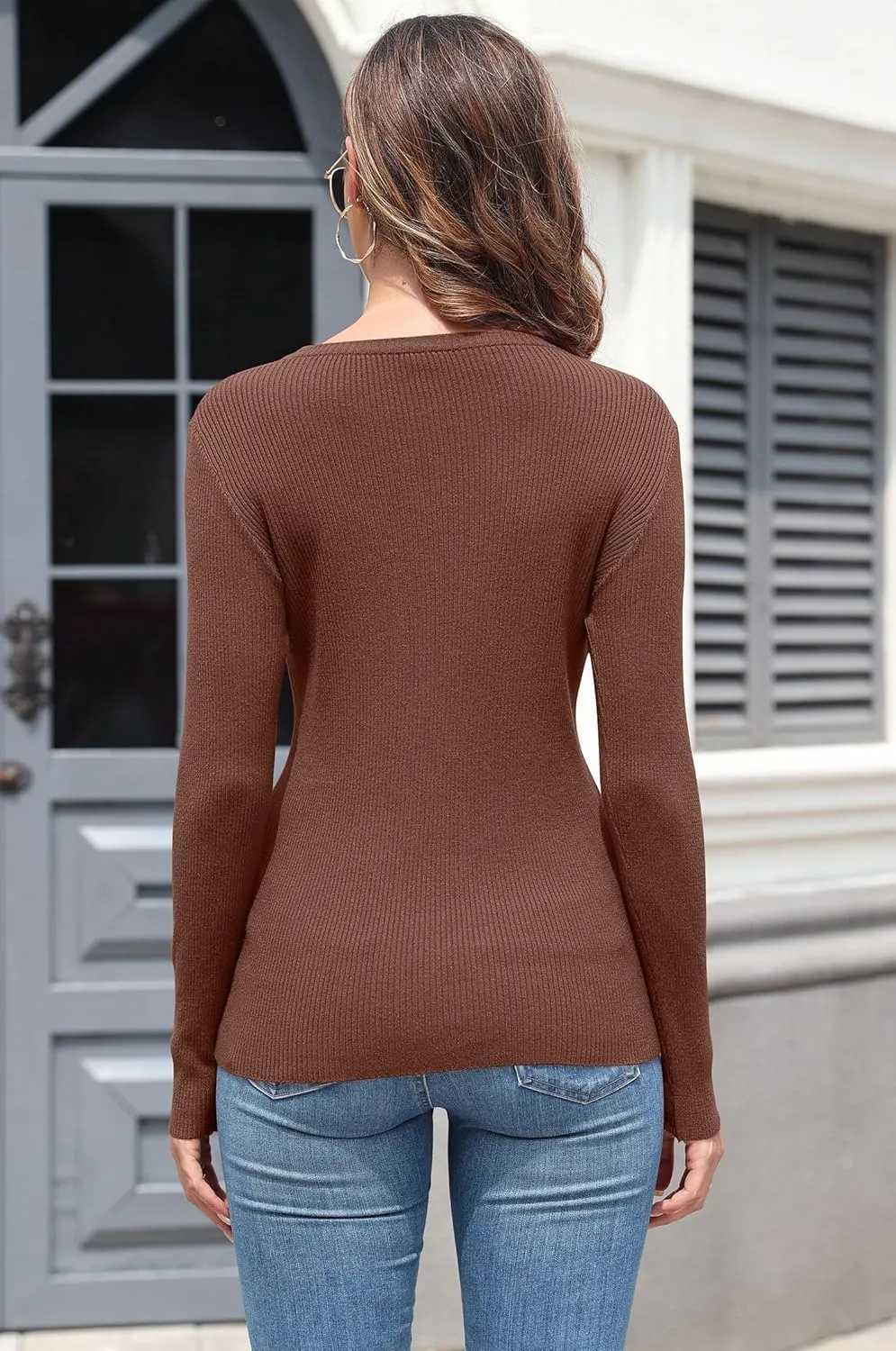 Women's Fall Sweaters Casual Long Sleeve Crew Neck Ribbed Knit Slim Fit Pullover Sweatshirts Tops