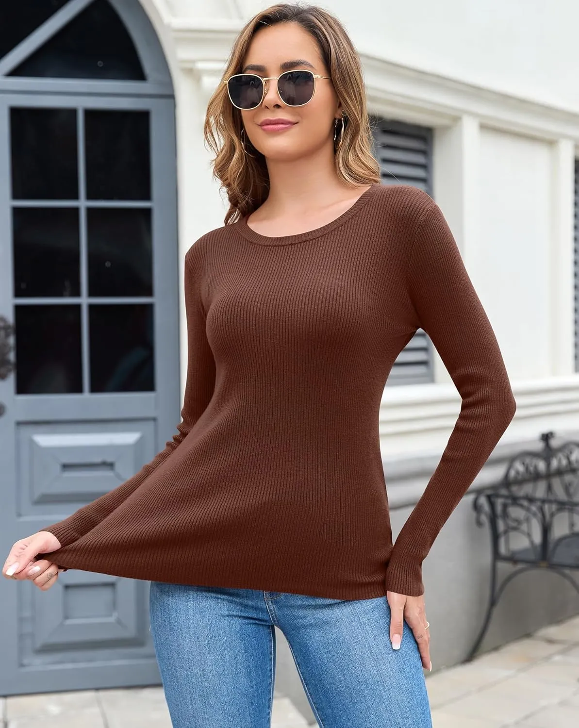 Women's Fall Sweaters Casual Long Sleeve Crew Neck Ribbed Knit Slim Fit Pullover Sweatshirts Tops