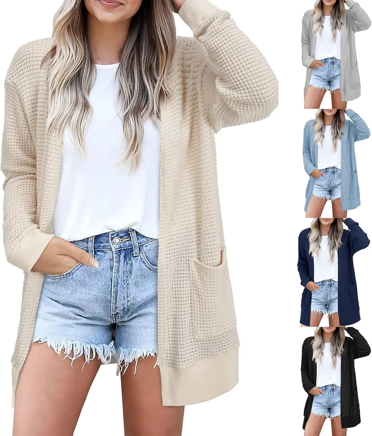 Womens Fashion Cardigan Sweater Lightweight Long Sleeve Cardigans Trendy Cable Knit Open Front Coat Outwear