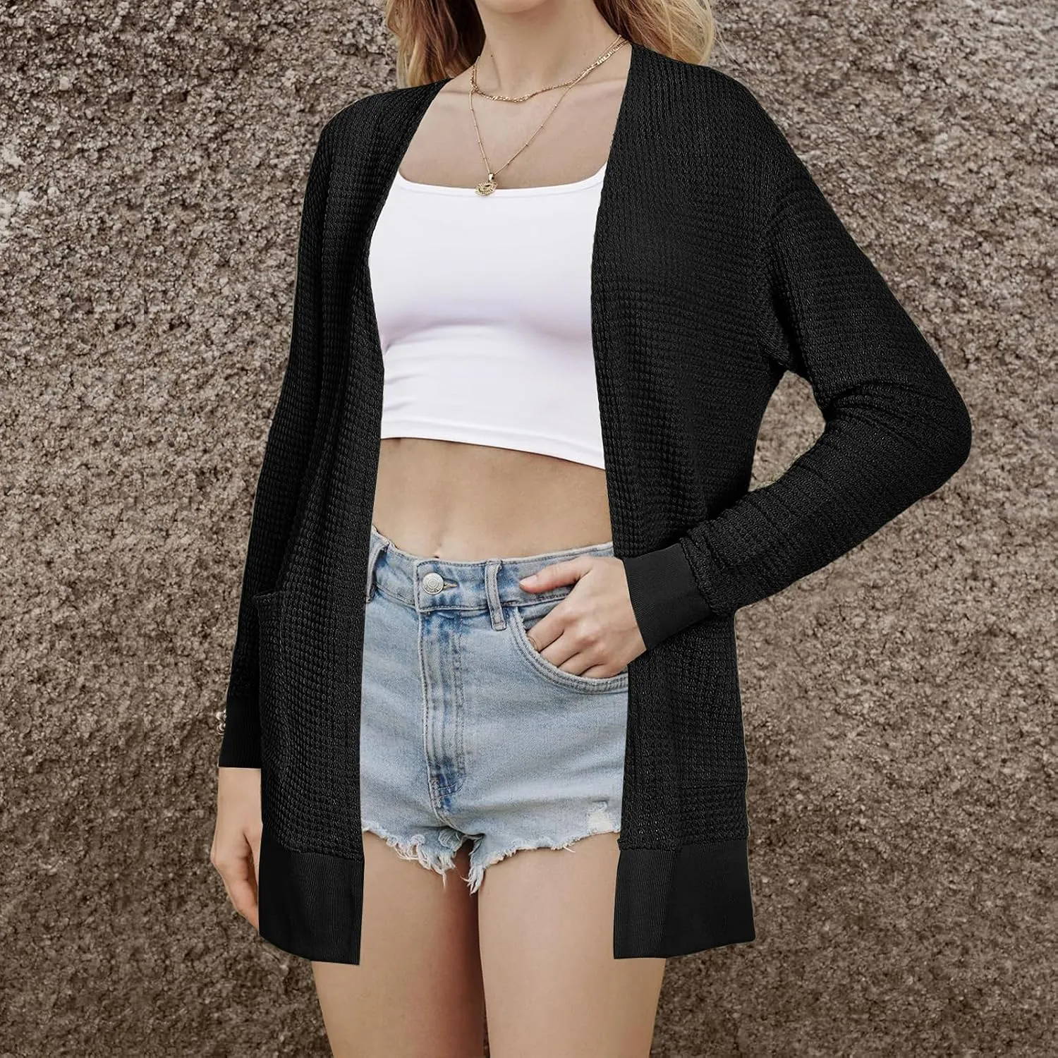 Womens Fashion Cardigan Sweater Lightweight Long Sleeve Cardigans Trendy Cable Knit Open Front Coat Outwear