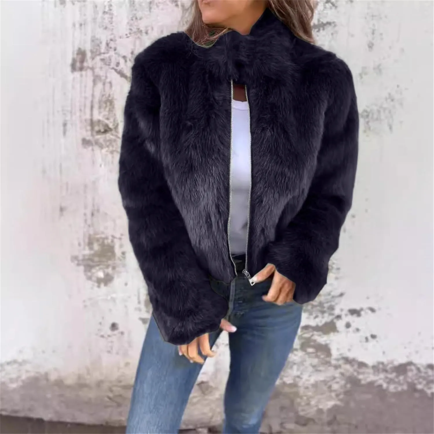Women's Fashion Cropped Faux Fur Jacket Shaggy Warm Open Front Cardigan Coat Casual Long Sleeve Fluffy Outerwear