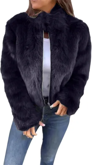 Women's Fashion Cropped Faux Fur Jacket Shaggy Warm Open Front Cardigan Coat Casual Long Sleeve Fluffy Outerwear