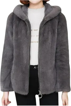 Women's Faux Fur Coat Fluffy Fuzzy Hooded Jacket Plus Size Fleece Lined Warm Coats Zip Up Winter Outerwear with Hood
