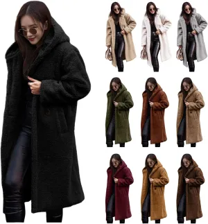 Womens Faux Fur Coat Winter Fuzzy Fleece Hooded Jacket Casual Loose Warm Button Down Sherpa Overcoat