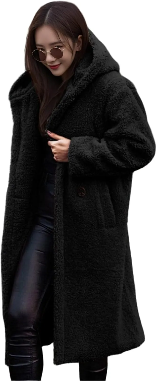 Womens Faux Fur Coat Winter Fuzzy Fleece Hooded Jacket Casual Loose Warm Button Down Sherpa Overcoat
