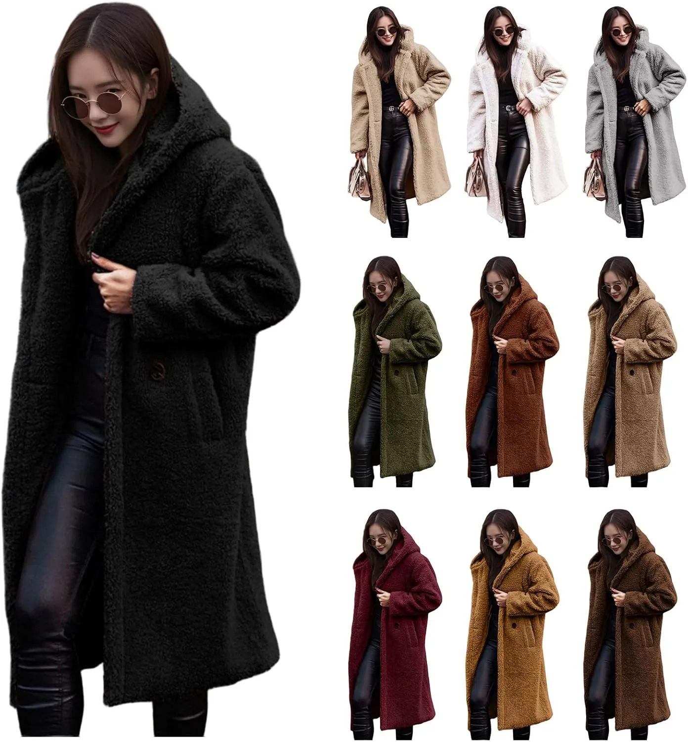 Womens Faux Fur Coat Winter Fuzzy Fleece Hooded Jacket Casual Loose Warm Button Down Sherpa Overcoat