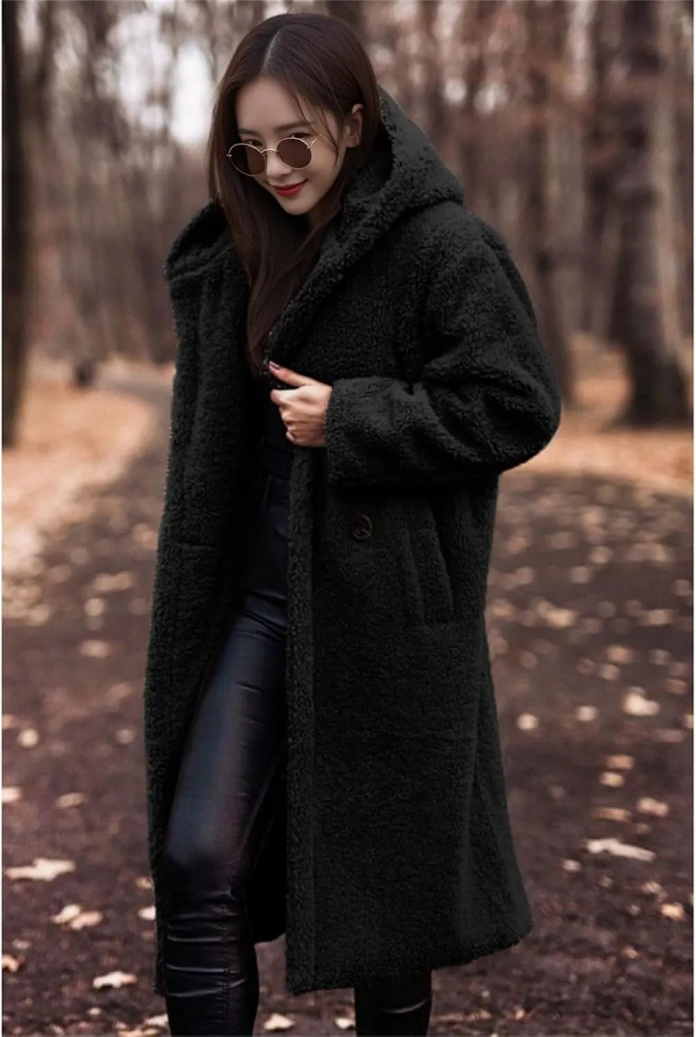 Womens Faux Fur Coat Winter Fuzzy Fleece Hooded Jacket Casual Loose Warm Button Down Sherpa Overcoat