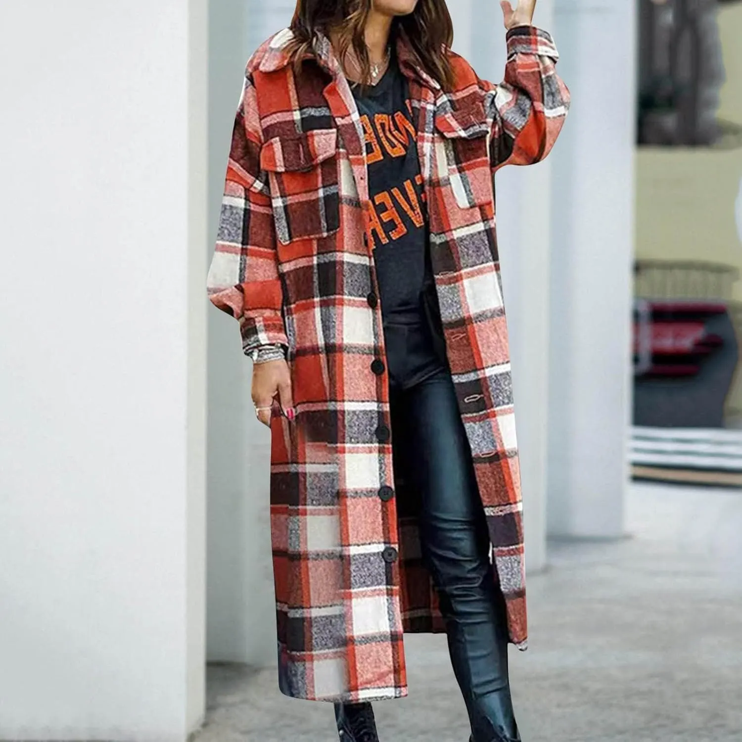Womens Flannel Plaid Shacket Long Lapel Wool Blend Coat Loose Fit Button Down Lapel Trench Coat