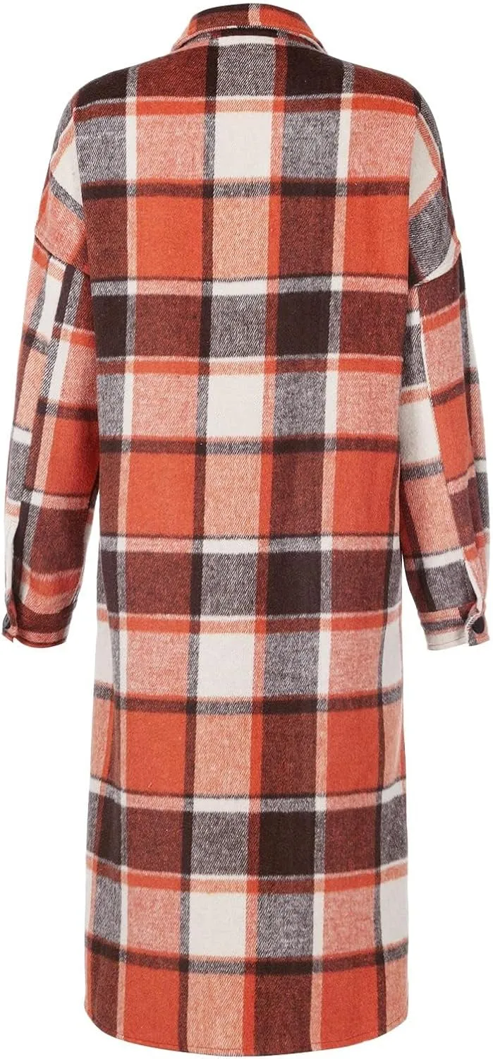 Womens Flannel Plaid Shacket Long Lapel Wool Blend Coat Loose Fit Button Down Lapel Trench Coat