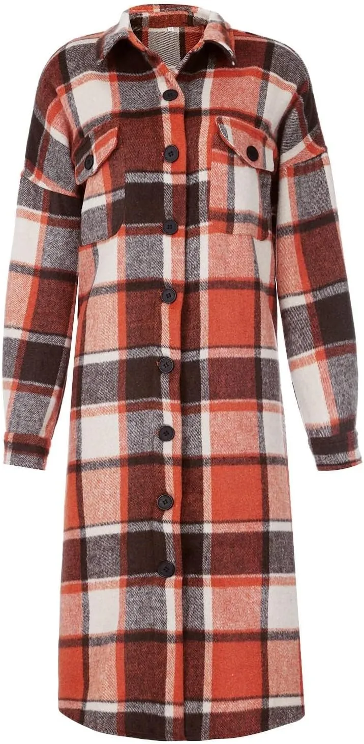 Womens Flannel Plaid Shacket Long Lapel Wool Blend Coat Loose Fit Button Down Lapel Trench Coat