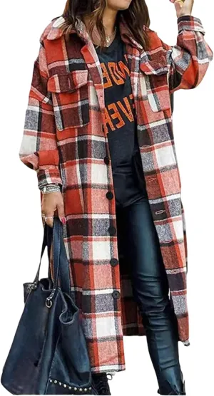 Womens Flannel Plaid Shacket Long Lapel Wool Blend Coat Loose Fit Button Down Lapel Trench Coat