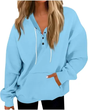 Womens Fleece Button Oversized Sweatshirt Drawstring Lightweight Baggy Hoodie Drop Shoulder Hooded Pullover w/Pockets