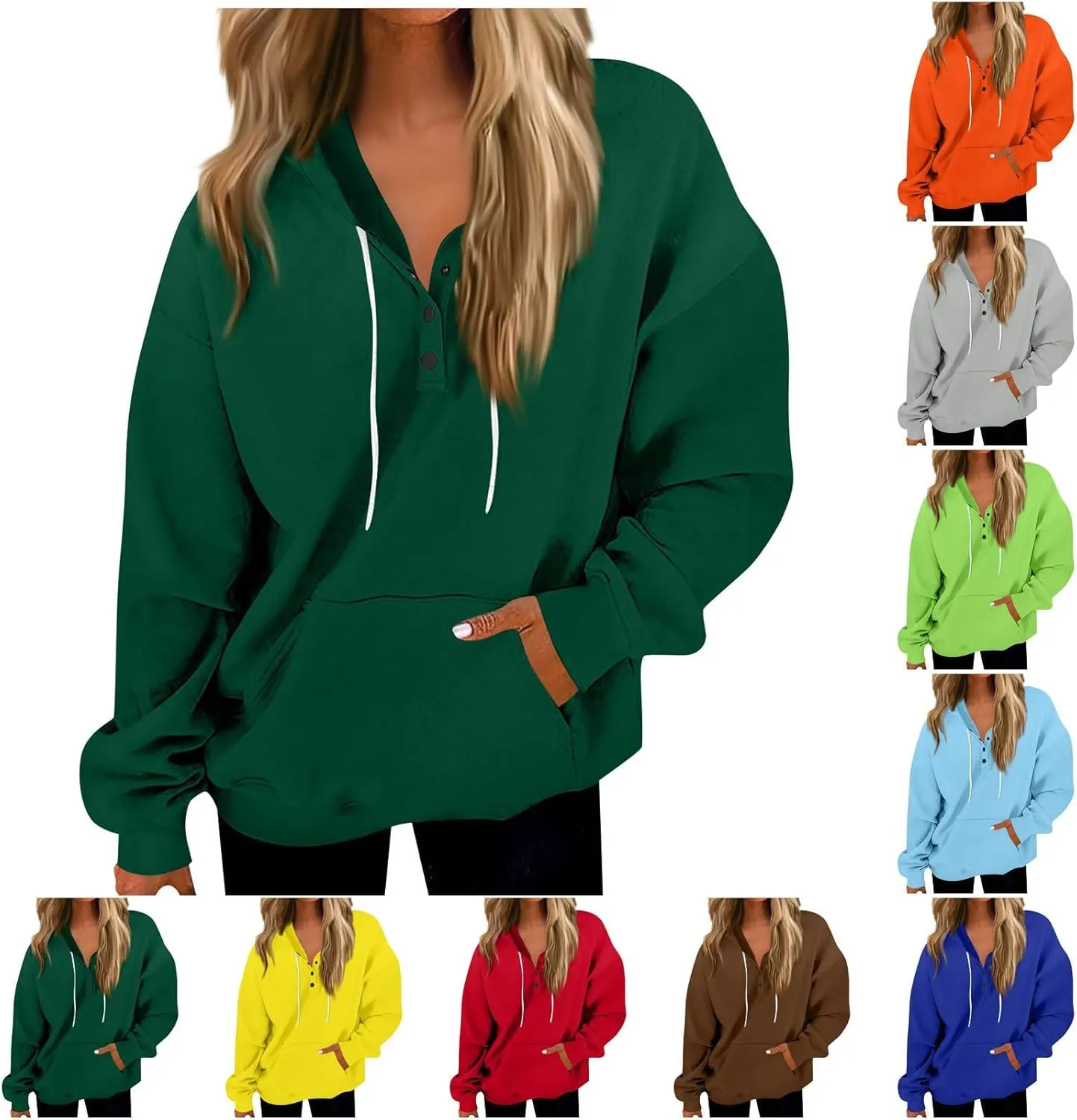 Womens Fleece Button Oversized Sweatshirt Drawstring Lightweight Baggy Hoodie Drop Shoulder Hooded Pullover w/Pockets