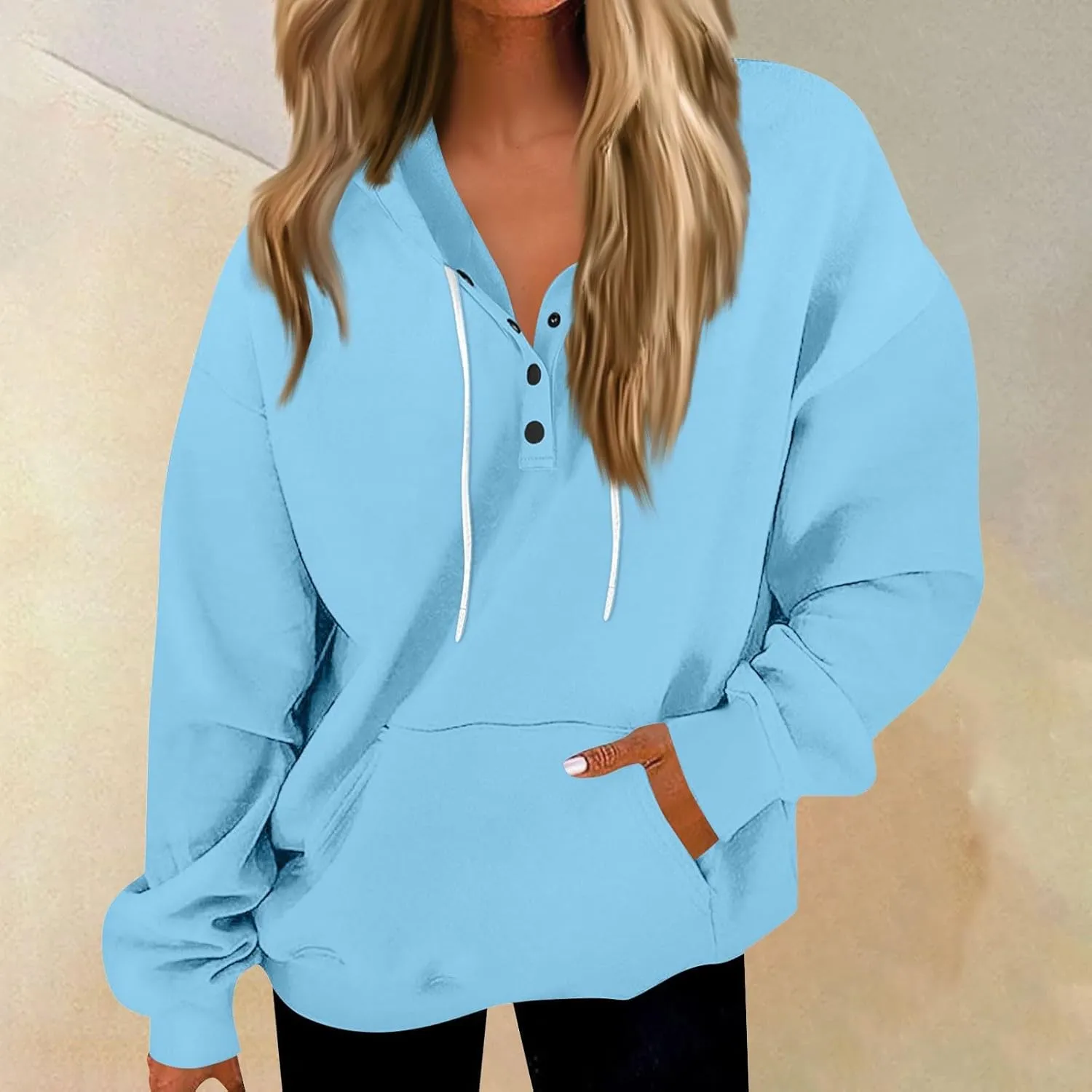 Womens Fleece Button Oversized Sweatshirt Drawstring Lightweight Baggy Hoodie Drop Shoulder Hooded Pullover w/Pockets
