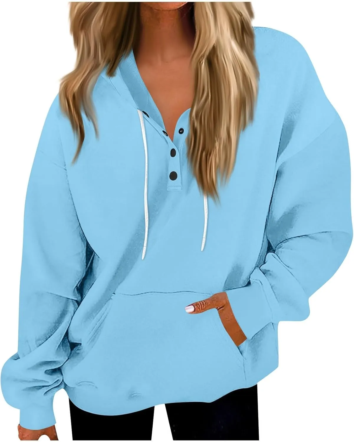 Womens Fleece Button Oversized Sweatshirt Drawstring Lightweight Baggy Hoodie Drop Shoulder Hooded Pullover w/Pockets