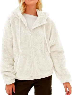 Womens Fuzzy Fleece Open Front Hooded Cardigan Jackets Sherpa Drawstring Solid Hoodie Outerwear Coats with Pockets
