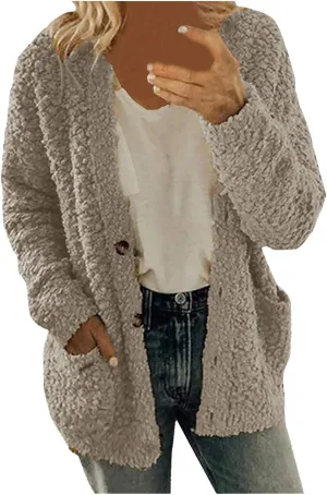 Women's Fuzzy Popcorn Button Down Long Sleeve Cardigan Knit Oversized Sherpa Sweater Cozy Plus Size Coat with Pockets