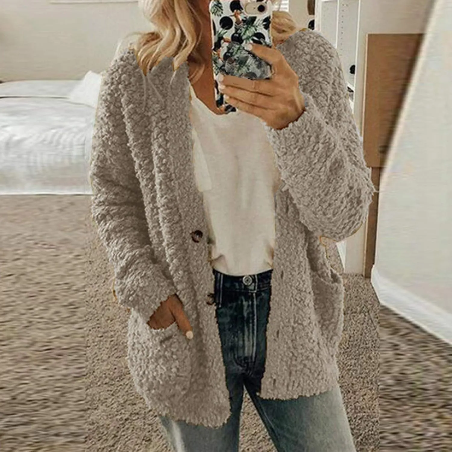 Women's Fuzzy Popcorn Button Down Long Sleeve Cardigan Knit Oversized Sherpa Sweater Cozy Plus Size Coat with Pockets