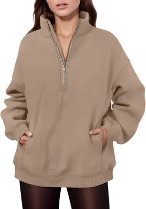 Womens Half Zip Sweatshirts Oversized Loose Long Sleeve Fleece Trendy Pullover Workout Warm Tops with Pocket