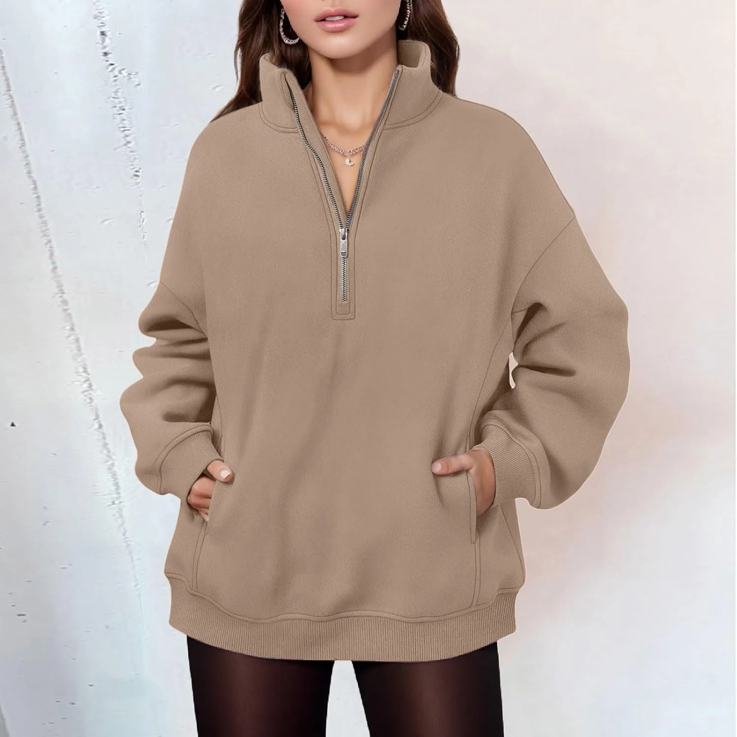 Womens Half Zip Sweatshirts Oversized Loose Long Sleeve Fleece Trendy Pullover Workout Warm Tops with Pocket