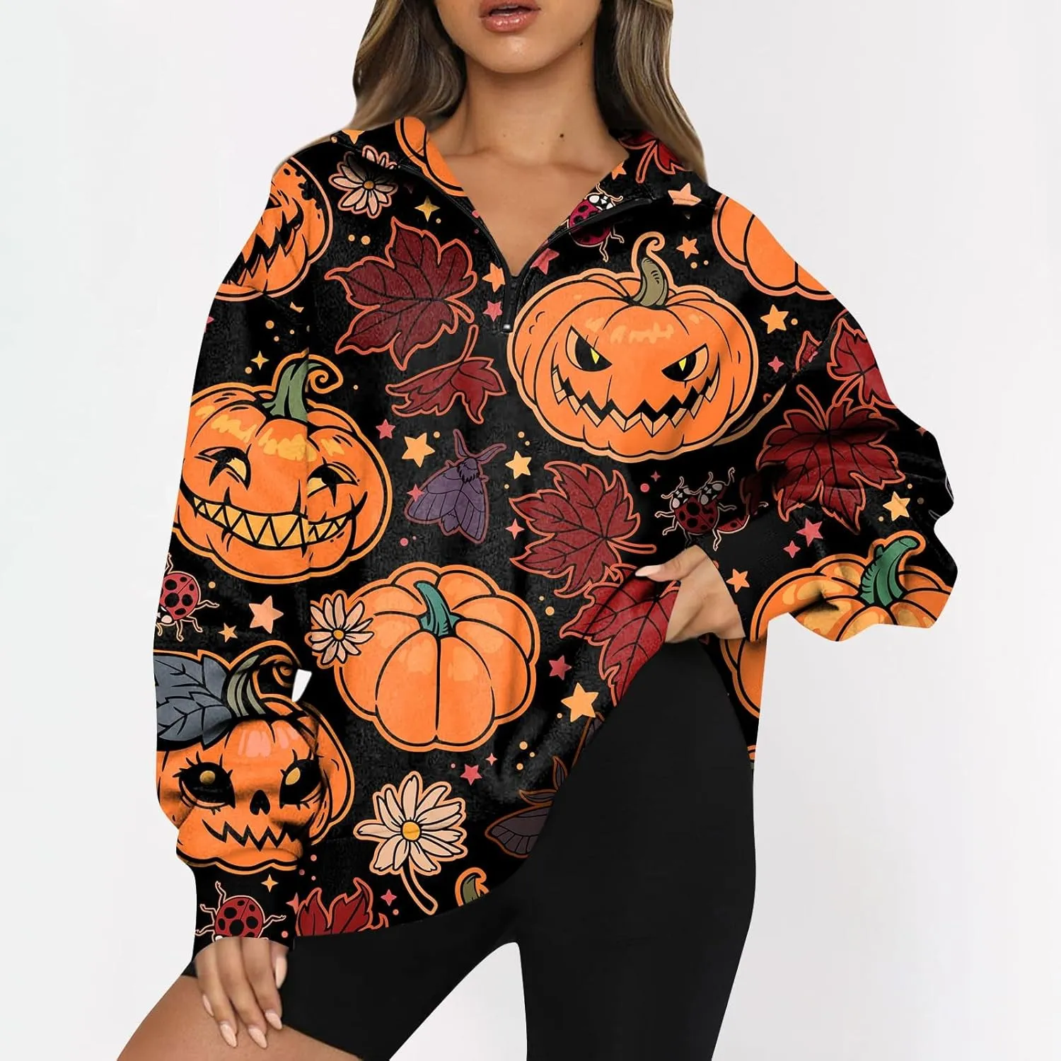 Womens Halloween Sweatshirt Fashion Half Zip I See Ghosts Pullover Casual Autumn Loose Plus Size Sweatshirt
