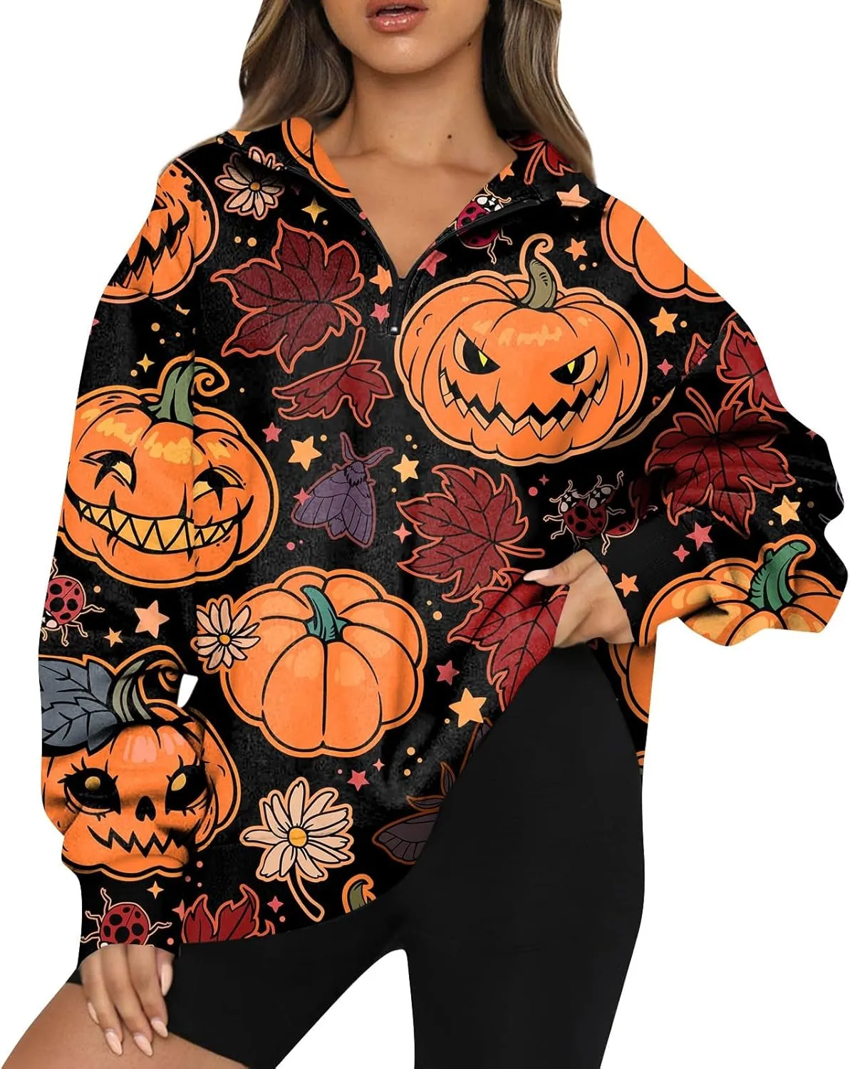 Womens Halloween Sweatshirt Fashion Half Zip I See Ghosts Pullover Casual Autumn Loose Plus Size Sweatshirt