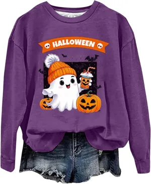 Womens Halloween Sweatshirts Funny Pumpkin Ghost Graphic Sweatshirt Spooky Season Party Sweater Fall Pullover Top